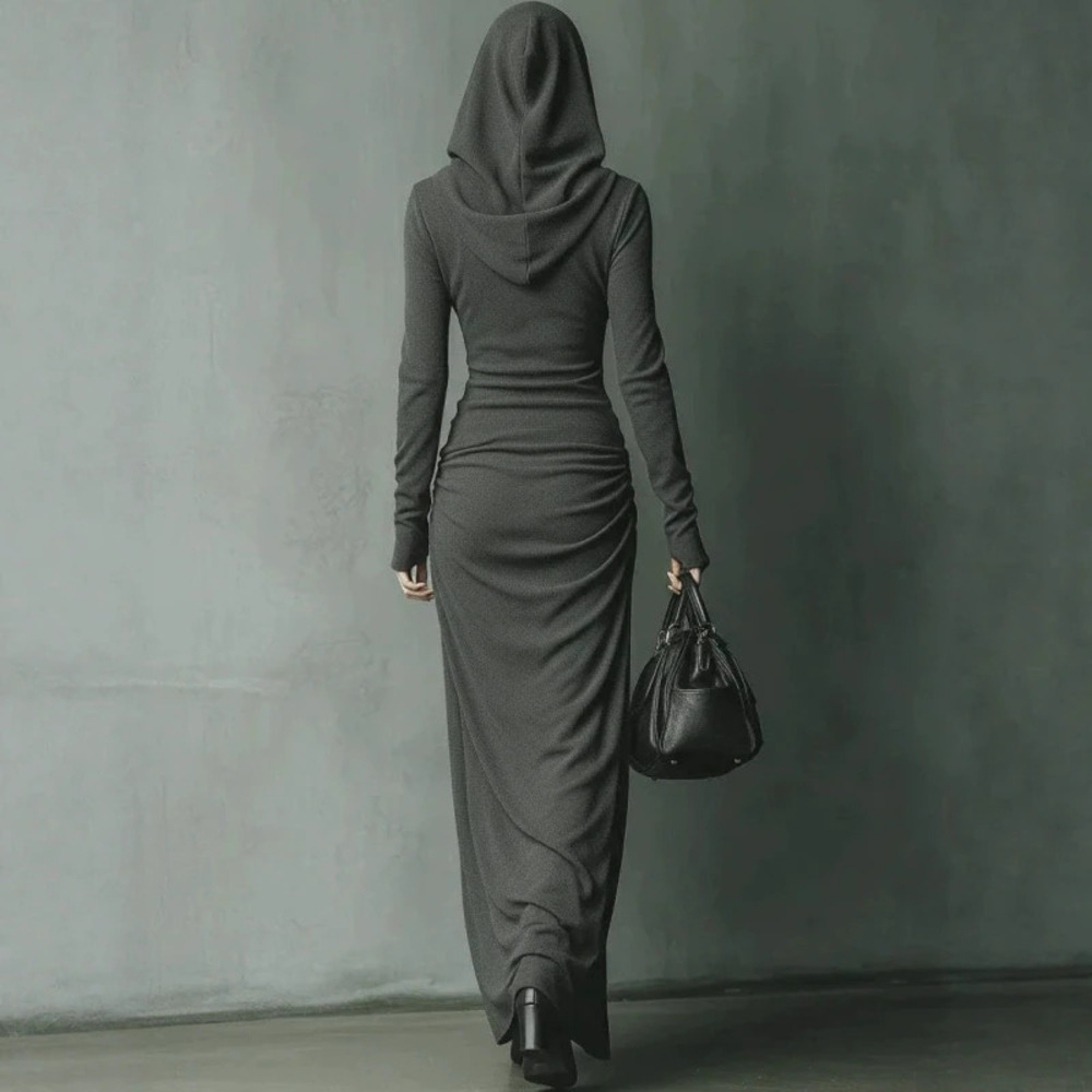 H&M Solid Color Hooded Long Sleeve Slim Fit Maxi Dress